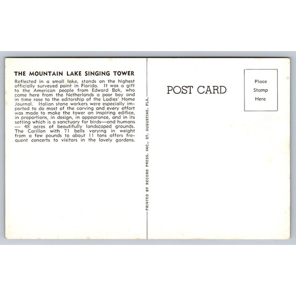 Postcard Florida Mountain Lake Singing Tower Bok Ladies Home Journal c1960s FL - Picture 2 of 2